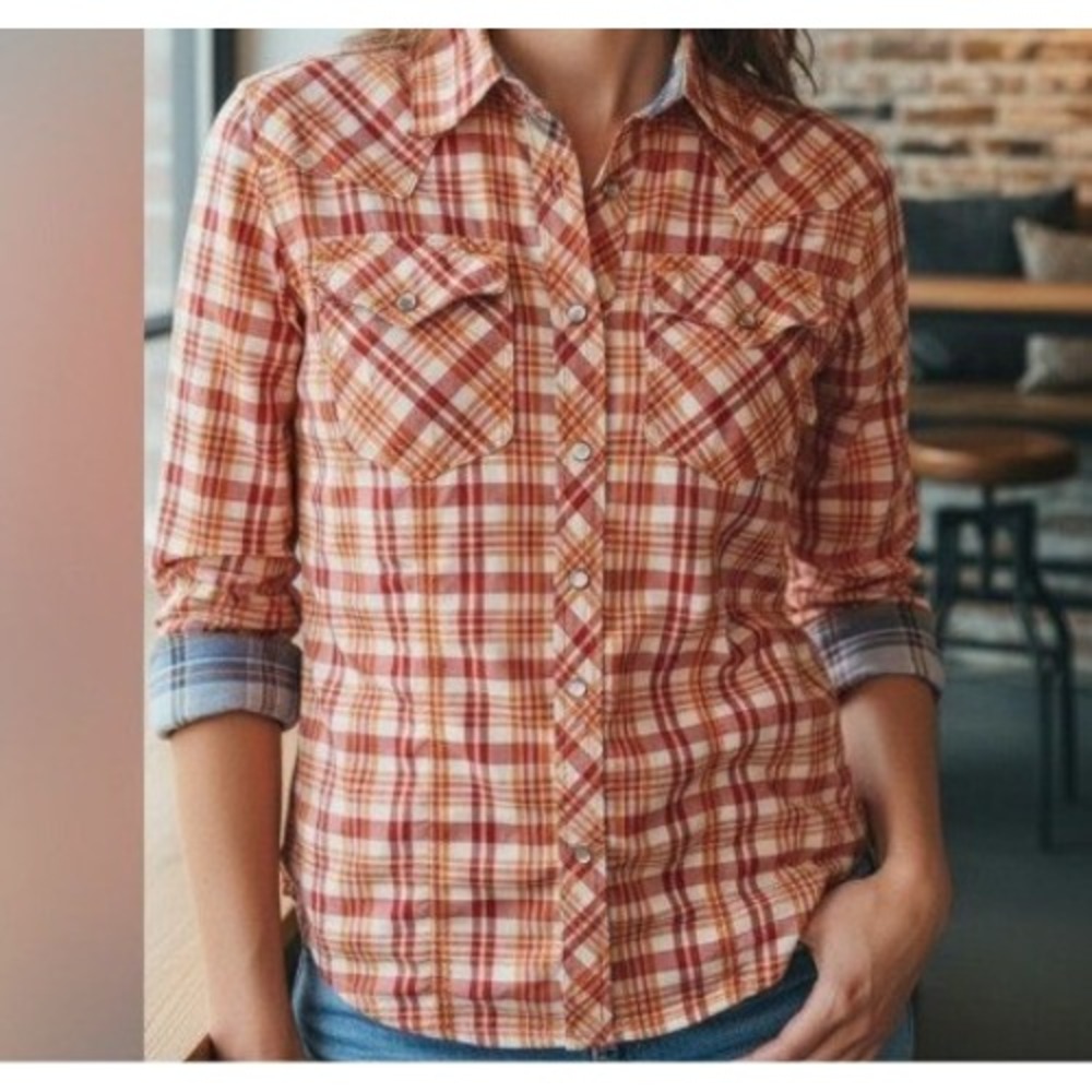True Religion Mens Orange Red Plaid Western Pearl Snap Shirt XL M3RA315TT
